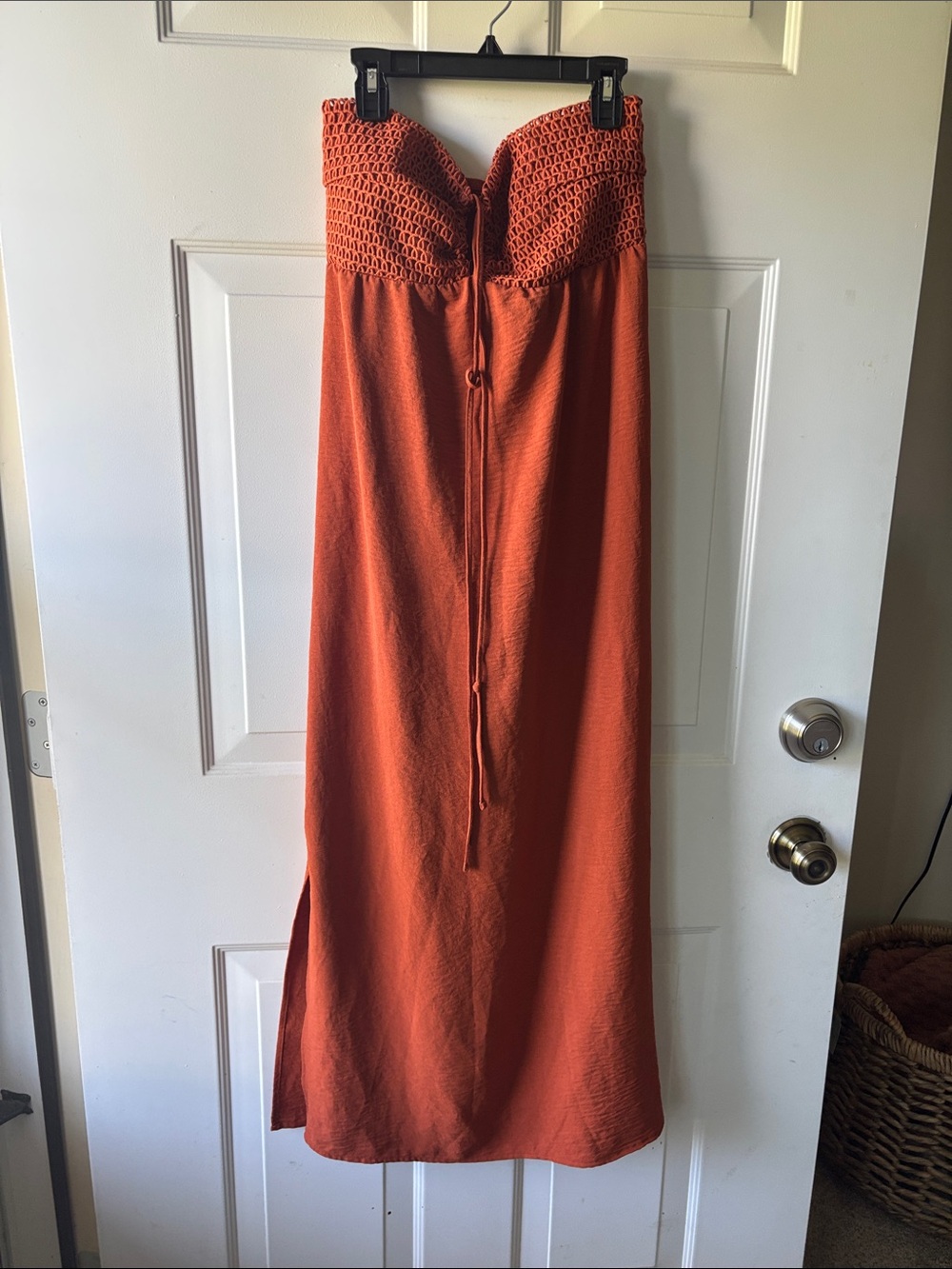 No Boundaries Strapless Rust Orange Maxi Dress